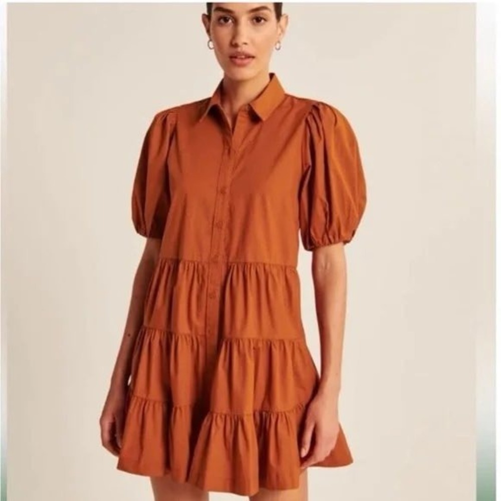 Abercrombie Fitch Women's Orange Tiered Puff Sleeve Dress Medium Boho Festival